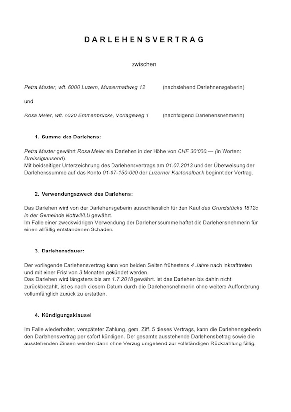 Darlehensvertrag Vorlage Schweiz Privatdarlehen Muster Vorlagech