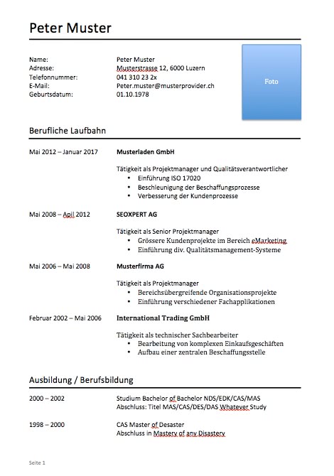 Lebenslauf Muster Vorlagen Schweiz Word Format Muster Vorlagech