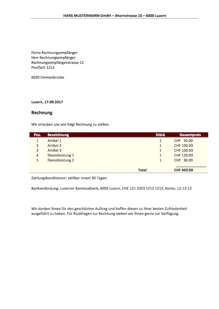 Rechnungsvorlage Schweiz Für Word Excel Kostenlos Herunterladen