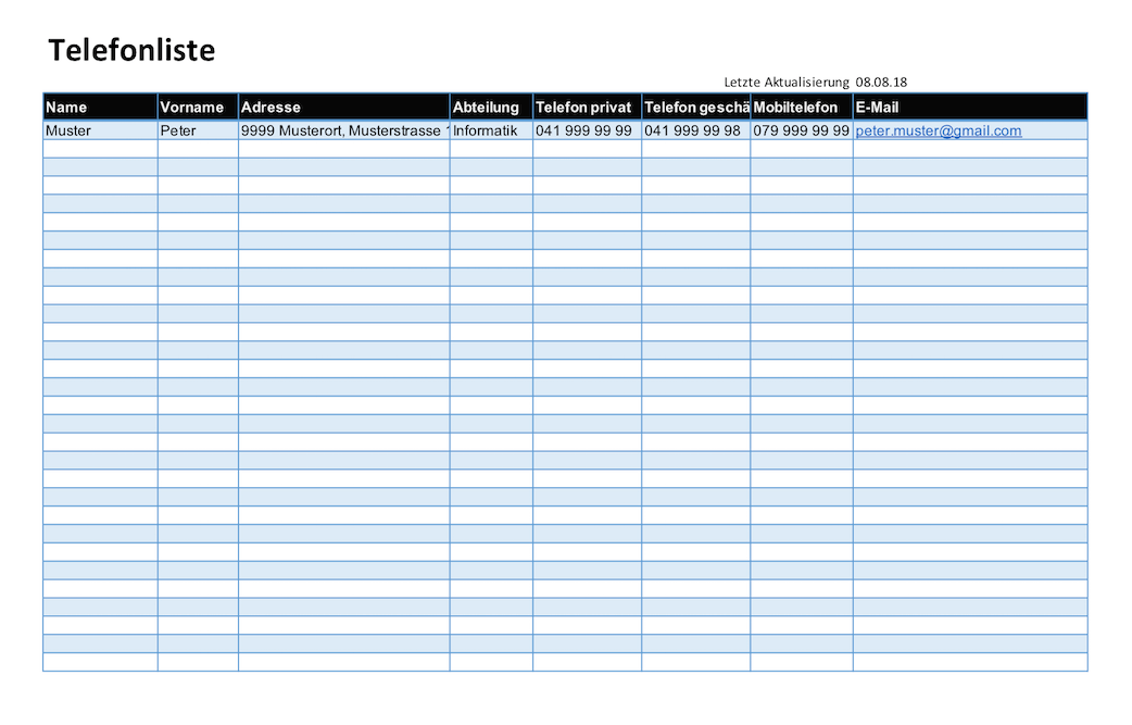 Telefonliste Vorlage Excel