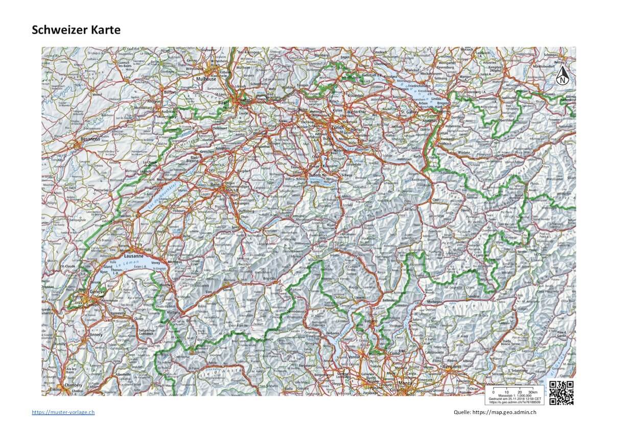Schweizerkarte zum Ausdrucken - Umriss, Flüsse, Kantone | gratis
