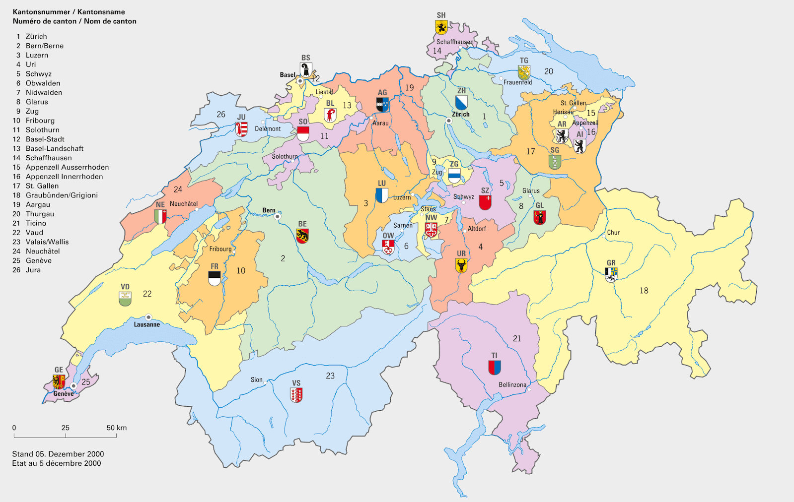 Schweizerkarte zum Ausdrucken - Umriss, Flüsse, Kantone | kostenlos