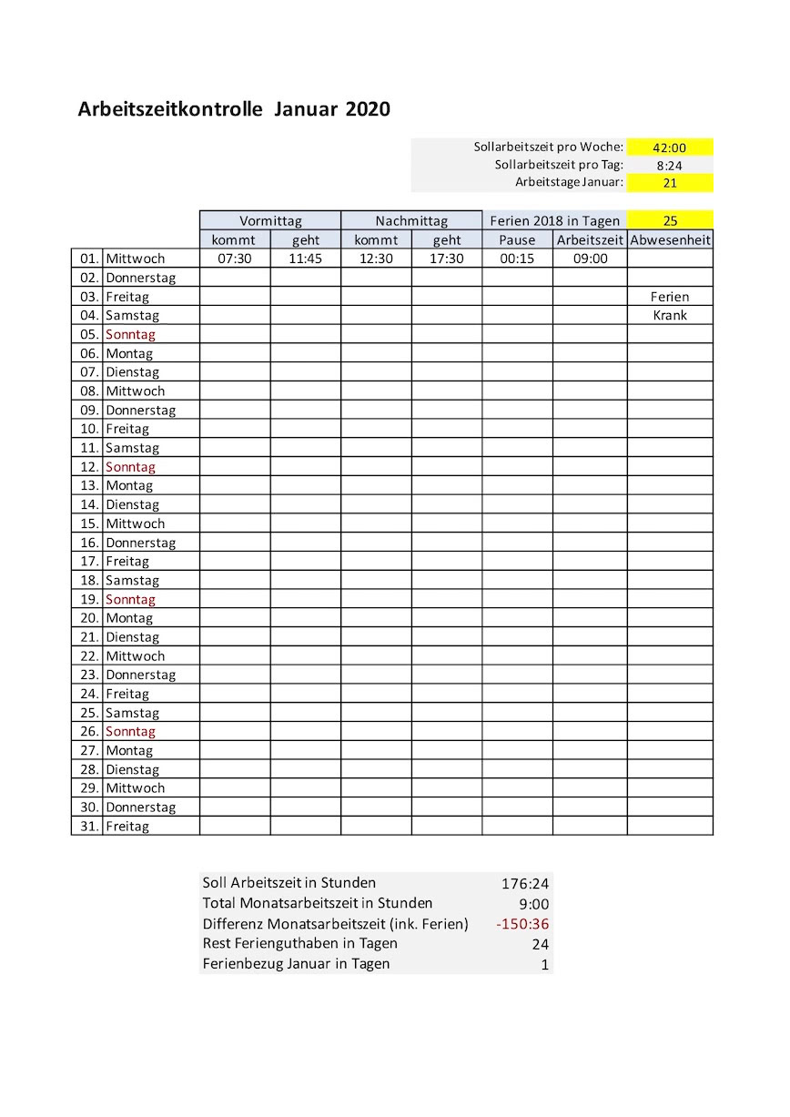 Zeiterfassung Excel Vorlage 2020 – Download