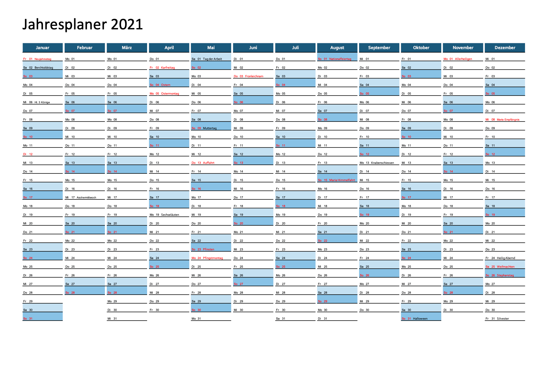 Jahreskalender 2021 Schweiz (Excel & PDF) | Muster-Vorlage.ch