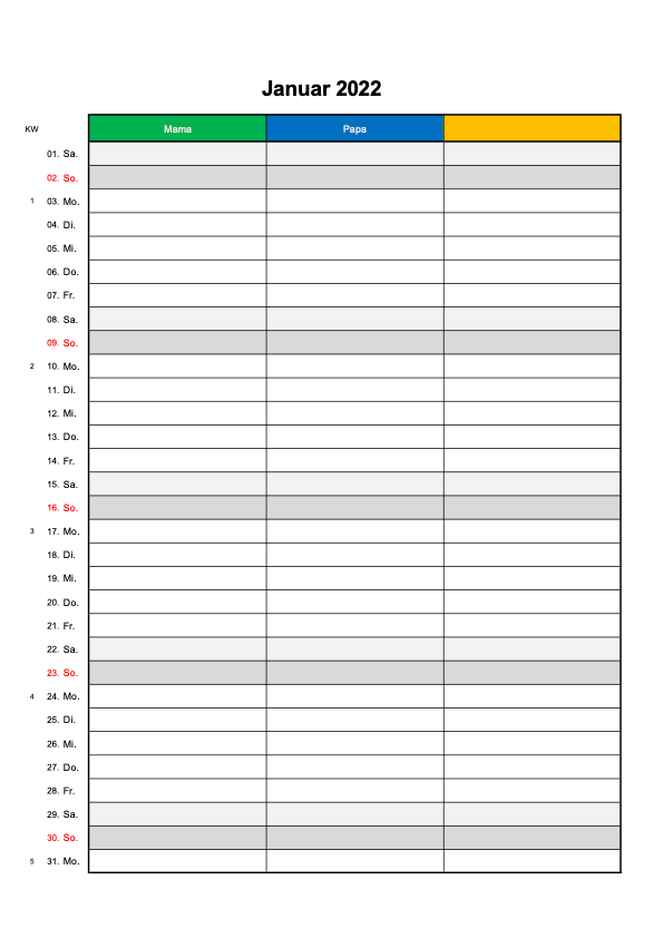 Familienkalender 2022 Excel - 3 Spalten