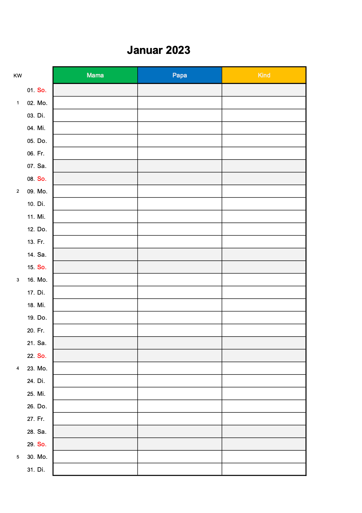 Familienkalender 2023 zum Ausdrucken PDF