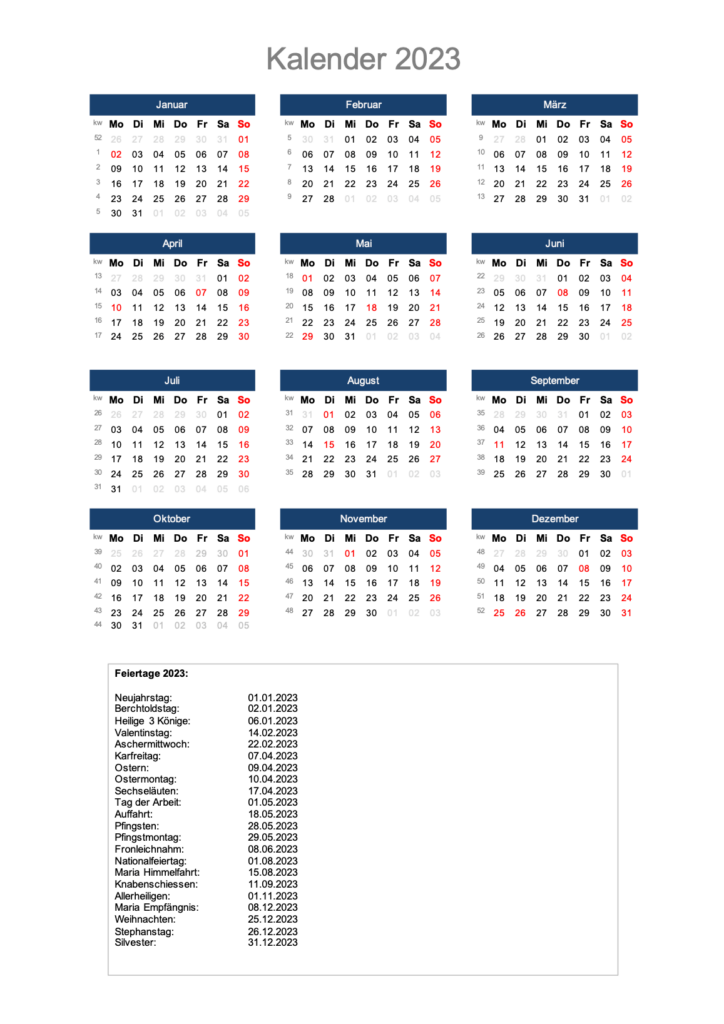 Jahreskalender 2023 Schweiz