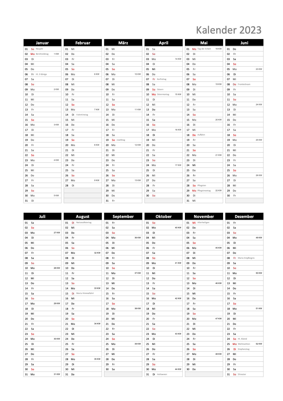 Kalender 2023 A4 Excel und PDF zum Ausdrucken