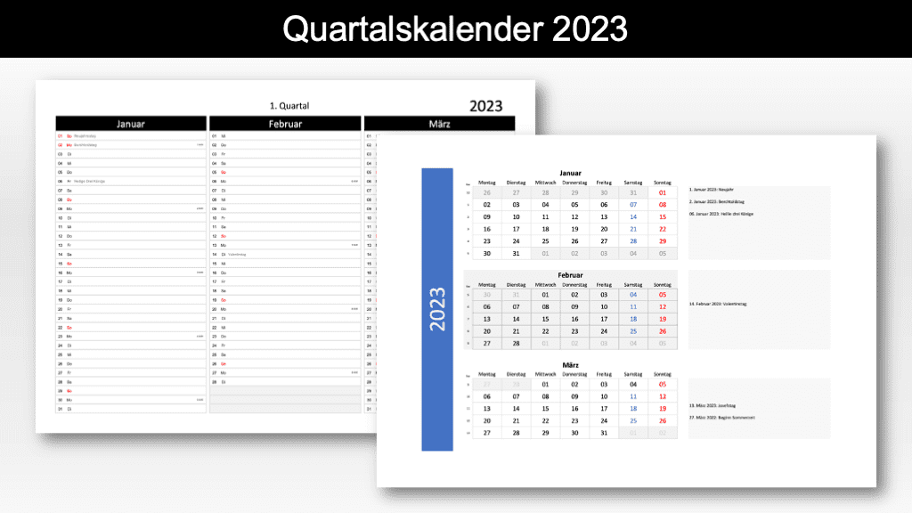 Quartalskalender 2023 Excel und PDF mit Schweizer Feiertagen und Kalenderwochen