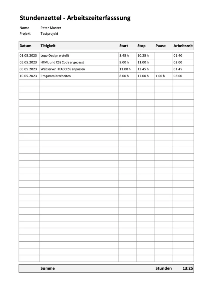 Stundenzettel-Vorlage Excel