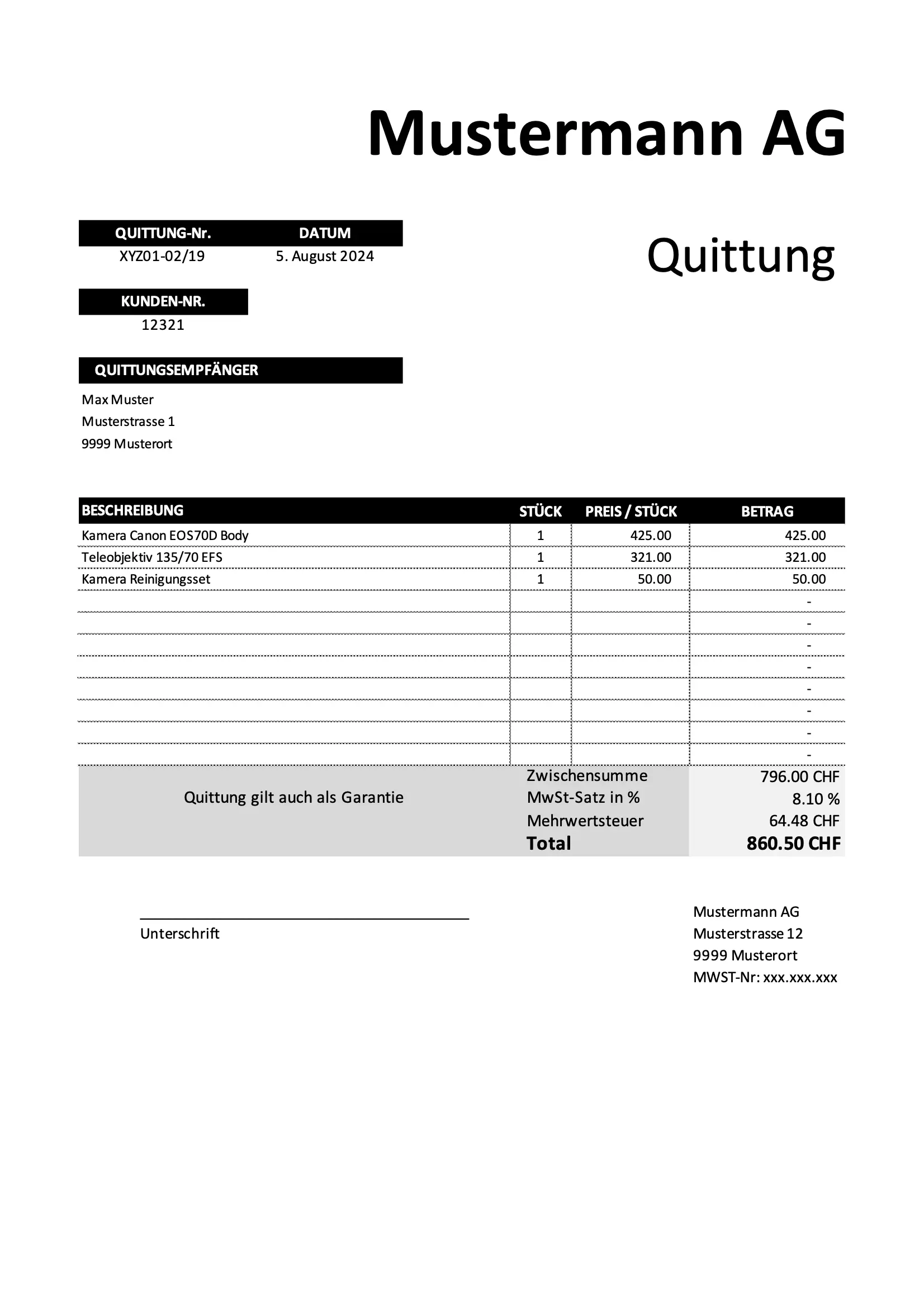 Quittungsvorlage Excel