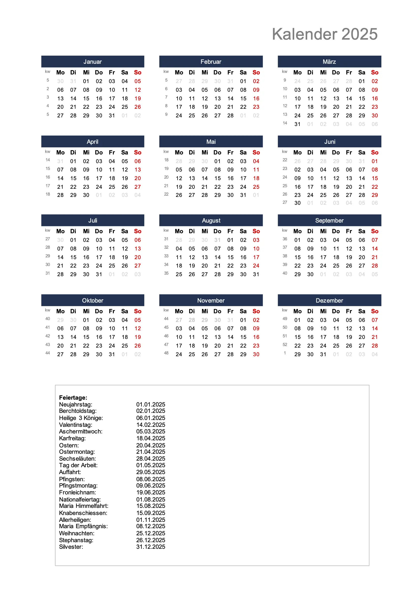 Kalender 2025 Schweiz Hochformat