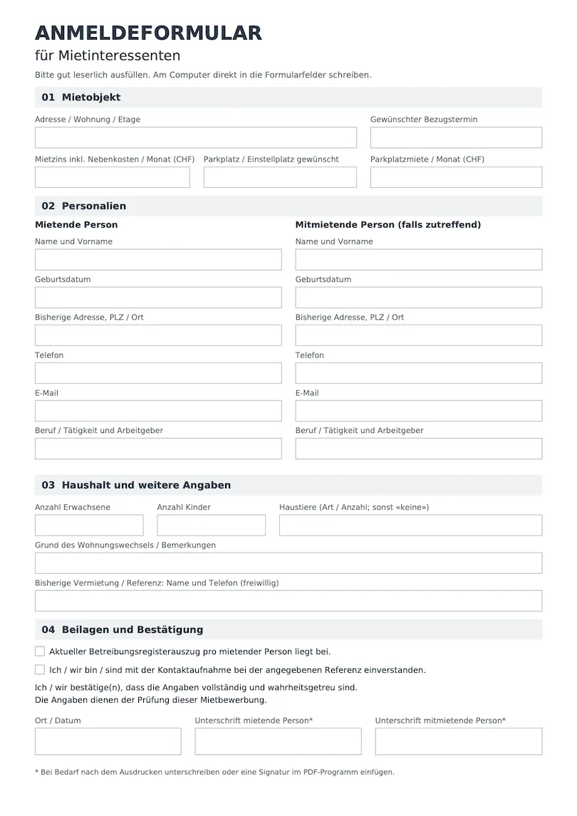 Download Vorlage Anmeldeformular für Mietinteressenten Anmeldeformular für Mietinteressenten Vorlage